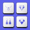 Set Locket on necklace, Diamond, Earrings and icon. White square button. Vector