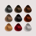Set of Locks of Different Hair Color Samples. Vector Realistic Rounded Shape Isolated on White Background