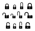 Set of locks in open and closed position in black on a white background. Isolated vector