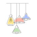 Set of loft lamps and iron lampshades in one line drawing. Vector illustration of Hanging vintage chandelier and pendant