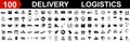 Set 100 logistics icons, delivery, global logistic, package, transportation, shipping signs collection Ã¢â¬â vector