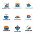Set logo design mountains rivers and sun Royalty Free Stock Photo