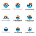 Set logo design mountains rivers and sun Royalty Free Stock Photo