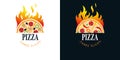 Set of logo or emblem, three slices of pizza and flame of fire. Suitable for pizza boxes, menu design or food delivery. Royalty Free Stock Photo