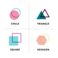 Set of logo geometric overlapping isolated on white background. Circle, triangle, square, hexagon symbols Royalty Free Stock Photo
