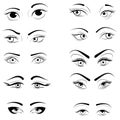 Set of logos of eyelashes. Collection of stylized women`s eyes with makeup. Logo for eyelash extension.