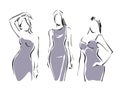 Set of Logos fashion illustration, contour figure of woman, line art, female outline sign