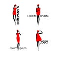 Logos with black silhouette woman in red dress