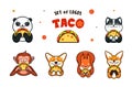 Set of logos Fast food. Logotypes animals eats pizza
