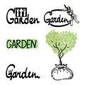 A set of logos for the garden. Simple linear vector style emblems, icons and logos. Stylized garden accessories, snail Royalty Free Stock Photo