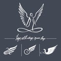 Set of logos with lines, wings, stylized birds on a gray background. Feminine angel, bird logo, line, wing, Swan, letter A.