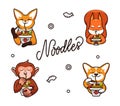 Set of logos Noodles with animals. Collection funny cartoon monkey, dog, fox, squirrel eats vermicelli.