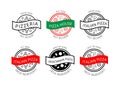 Set of logos for pizzeria, cafe, restaurant, delivery, bakery. Black, white, red and green outline emblems with food icons and Royalty Free Stock Photo