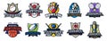 Set of logos of sports tournaments. Emblems of sports tournaments in basketball, soccer, football, ice hockey, cricket Royalty Free Stock Photo