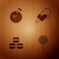 Set Lollipop, Apple, Macaron cookie and Ice cream on wooden background. Vector