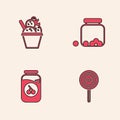 Set Lollipop, Ice cream in bowl, Glass jar with candies inside and Cherry jam icon. Vector Royalty Free Stock Photo