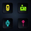 Set Lollipop, Old mobile phone, Wrist watch and Joystick. Black square button. Vector