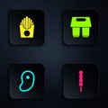 Set Lollipop, Potatoes french fries in box, Steak meat and Coffee cup go. Black square button. Vector