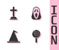 Set Lollipop, Tombstone with cross, Witch hat and Funny and scary ghost mask icon. Vector