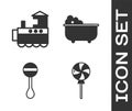 Set Lollipop, Toy train, Rattle baby toy and Baby bathtub icon. Vector