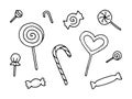 Set of lollipops outline doodle isolated illustration. Candies linear cartoon icon. Sweets thin line hand drawing Royalty Free Stock Photo