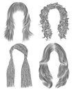 Set long woman hairs . black pencil drawing sketch . fashion beauty style. african cornrows fringe curls cascade. Royalty Free Stock Photo