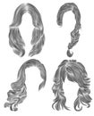 Set long woman hairs . black pencil drawing sketch . women fashion beauty style curls cascade plait.