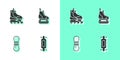 Set Longboard or skateboard, Roller, Climber rope and Skates icon. Vector