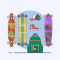 Set of longboards and skateboards of various shapes. Line drawing. Vector illustration.