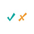 Set of lopsided check mark icons. blue asymmetric tick and orange cross Royalty Free Stock Photo
