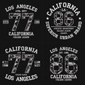 Set of Los Angeles graphic design for t-shirt with camouflage texture. California tee shirt print with slogan. LA apparel. Vector. Royalty Free Stock Photo