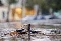 Set of lost keys on the ring on wet ground in the street Royalty Free Stock Photo