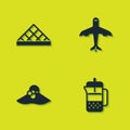 Set Louvre museum, French press, Elegant women hat and Plane icon. Vector