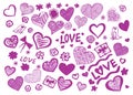 Set of love elements in purple color isolated on white background. Doodle