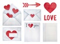 Set of love envelopes, notebook sheets, red heart, cupid arrow. Royalty Free Stock Photo