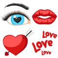 Set of love heart, girl s eyes and lips. Valentine s Day