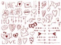 Set of love, hearts. Doodles hand drawn sketchy objects. Royalty Free Stock Photo