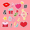 Set of love icon sticker. Gift, Hearts, Rose, Love letter, Archer, Feather and Crown, element for Valentine`s day.