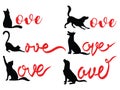 Set of love lettering with pets. Collection of silhouettes of dogs and cats with the inscription love. Tattoo.