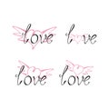 Set of love lettering with wingy heart