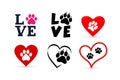 Set of Love with pet footprint. Funny logo saying. Design for scrapbooking, posters, textiles, gifts, t shirts. Vector