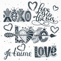 Set of love quotes. Hand drawn lettering. Happy Valentine`s Day. Xoxo. Je t`aime. Freehand style. Romantic holiday