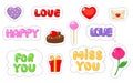 Set of love sticker. Flat and cartoon style. Vector illustration on white background.