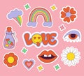 Set of love stickers retro groovy elements, cute funky hippy. Cute lettering Love in groovy style with in smiley face