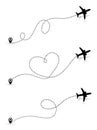 Set of Love travel route. Black Airplane line path icon of air plane flight route with start point and dash line trace. Vector