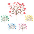 Set of love trees with red, green, blue, pink and yellow hearts leaves different sizes on white background. Vector illustration Royalty Free Stock Photo