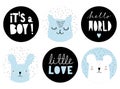 Set of Lovely Baby Boy Party Vector Decoration. Bunny, Cat and Bear. Royalty Free Stock Photo