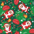 Set with lovely dancing Santa Claus, hand drawn in different dance steps. Vector seamless pattern with lovely character and letter