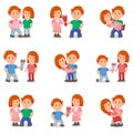 Set lovely female and male cute couple, people together standing hugs, man give bouquet flower cartoon vector illustration,