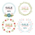 Set of lovely hand-drawn 8 March Sale banners. Holiday vector illustration.